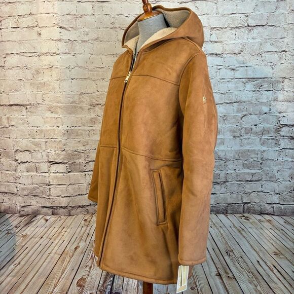 Michael Kors Faux Fur Shearling Suede Longline Hooded Jacket Full Zip Tan Gold - Picture 2 of 10